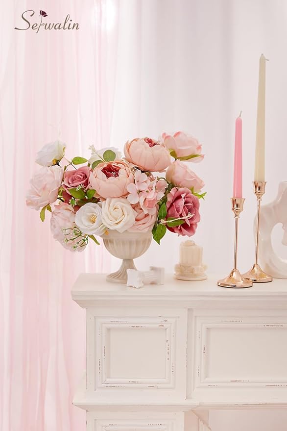 Serwalin Artificial Flowers Pink Peonies Silk Flowers Fake Flowers with Stems Dusty Roses for Wedding Bouquets Centerpieces Cake Decor Baby Shower Decoration