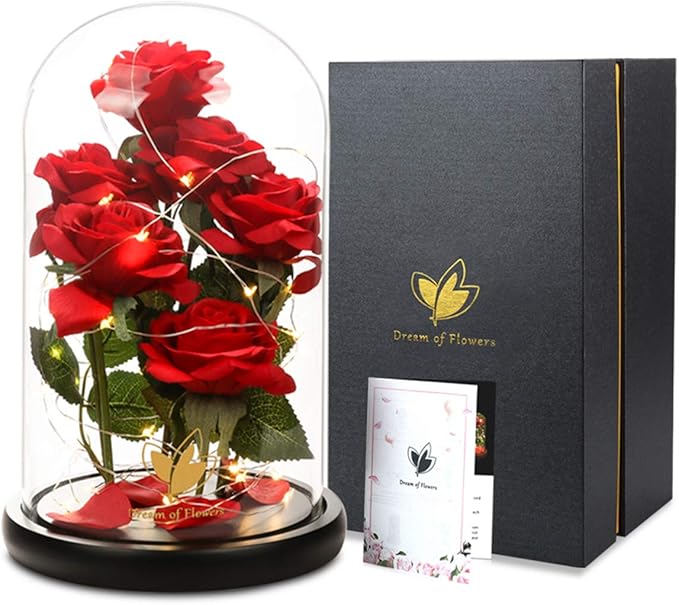 Christmas Flowers Gifts for Women,Beauty and The Beast Rose,Artificial Silk Rose Preserved Forever in Glass Dome,Anniversary,Thanksgiving,Birthday Gifts Flower Roses Gifts for Mom Wife Girlfriend