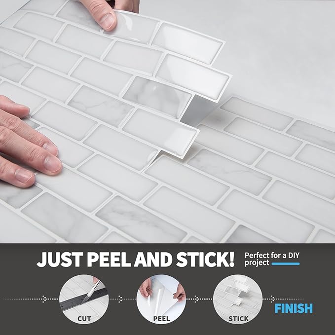 Art3d 10-Sheet Peel and Stick Backsplash Tile in White Marble, Self-Adhesive Wall Tiles Stick on Kitchen Laundry Room RV Renter - 12 x 12 Inch