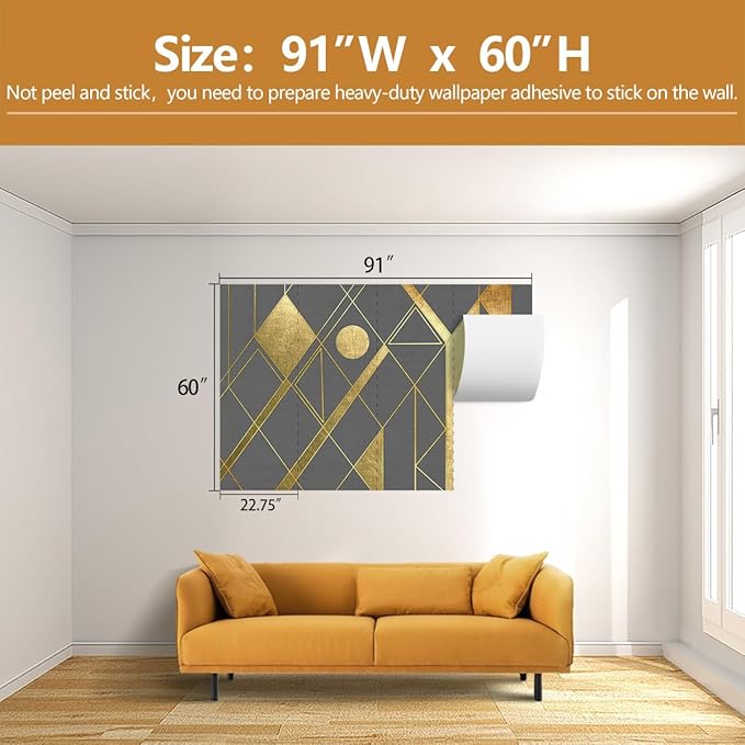 Geometric Mural Wallpaper Gray and Gold Wall Murals for Living Room or Office Decor（Not Peel and Stick）