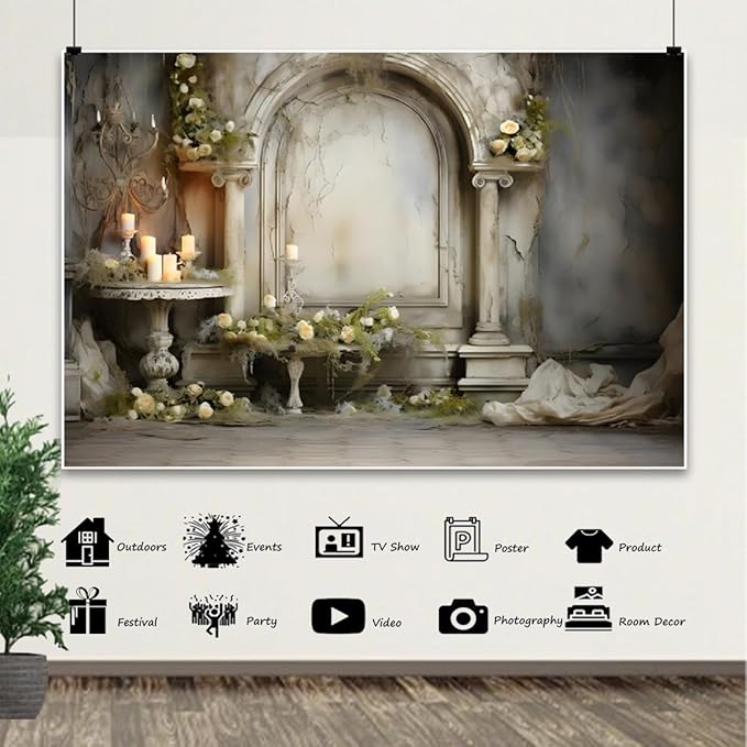 7x5ft Vintage Concrete Building Wall Backdrop Retro Candle White Floral Photography Background for Wedding Mothers Day Valentines Day Bridal Birthday Princess Couples Women Portraits