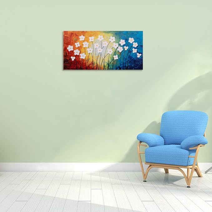 Yihui Arts Hand Painted Textured Flower Oil Painting on Canvas - Colorful Abstract White Floral Artwork for Home Decor, Modern Wall Art for Living Room, Bedroom, Office