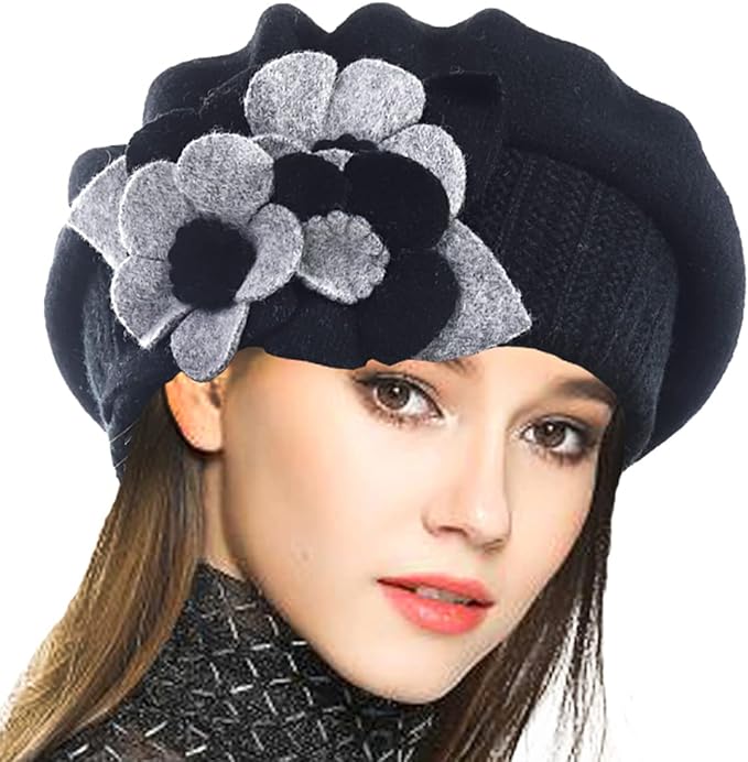 VECRY Lady French Beret 100% Wool Beret Floral Dress Beanie Winter Hat