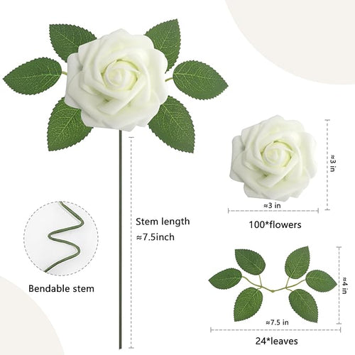 100PCS Artificial Flowers Milk White Roses Real Looking Foam Fake Roses with Leaves and for DIY Wedding Bouquets Bridal Shower Centerpieces Party Decorations (Ivory, 100)