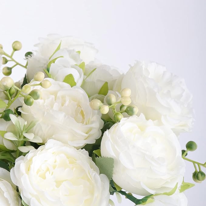 4 Bundles Artificial Peonies Silk Flowers, White Faux Peony Bouquet Florals Arrangements Decor for Farmhouse Home Boho Wedding Table Centerpiece, Fake Plastic Flowers Bulk Vase Decoration (White)