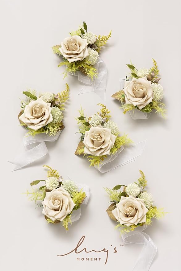 Ling's moment 6pcs Wedding Wrist Corsage Artificial Flowers, Girl/Mother Homecoming Prom Corsages Wristlet Décor, etc. Emerald Green Beige