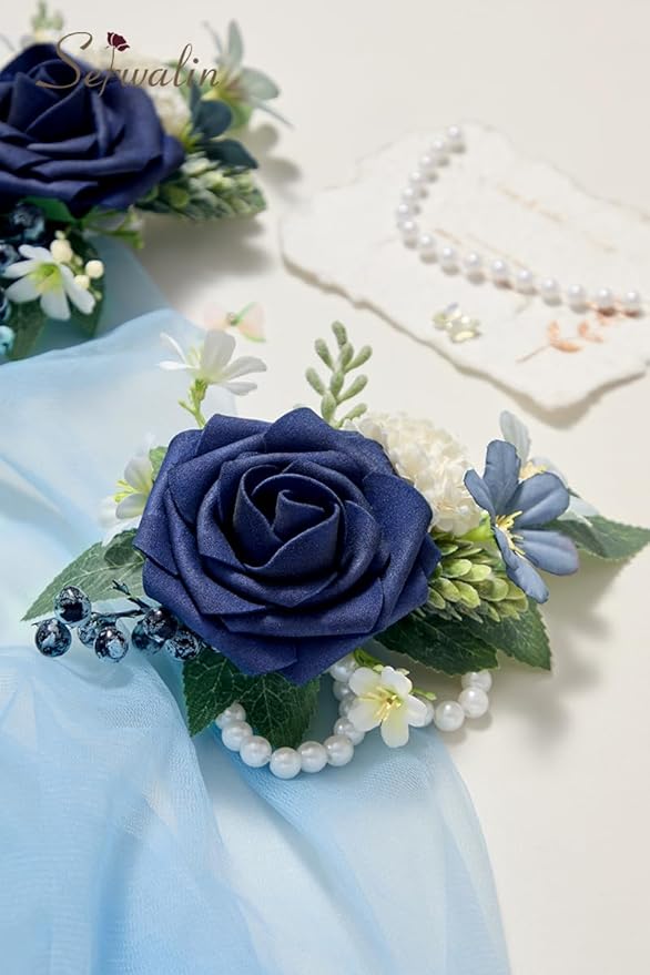Serwalin 2Pcs Dark Blue Wrist Corsage for Wedding, Corsages Wristlet for Bridesmaid Mother Grandmother, Artificial Flowers for Prom Ceremony Anniversary