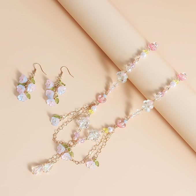 LadayPoa 100pcs Glass Bellflower Beads for Jewelry Making Trumpet Flower Beads Gradient Clear Cute Beads for Bracelets Making Aesthetic Bead Charms for DIY Necklace Decoration-Light Pink Blue Gold