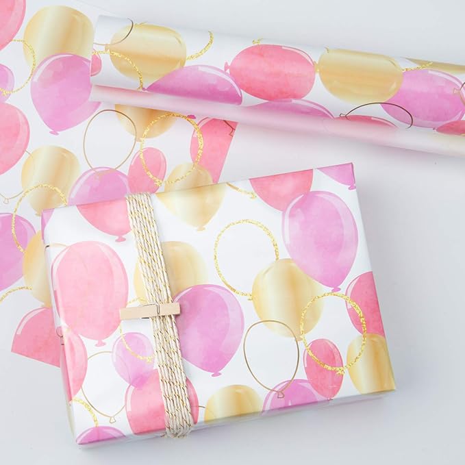 WRAPAHOLIC 30 Inch Wrapping Paper Roll - Pink Purple Gold Print Celebrating Balloon Design for Birthday, Holiday, Wedding, Baby Shower Wrap - 30 inch x 33 feet