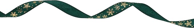 Gold Printing Snowflake Grosgrain Ribbon 25 Yard Each Roll 100% Polyester Woven Edge (3/8", Dark Green)