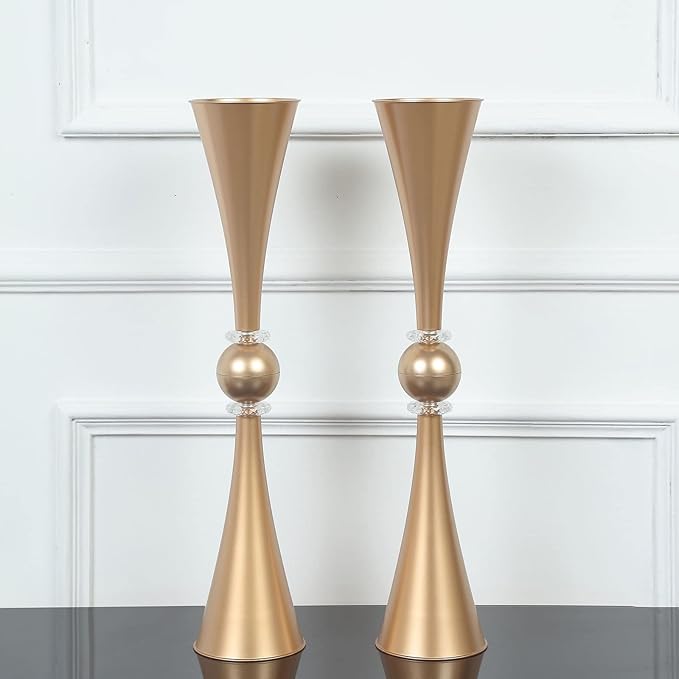 Efavormart 2 Pack | 27" Gold Crystal Embellishment Trumpet Table Centerpiece, Reversible Plastic Flower Vase