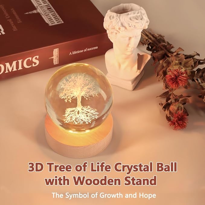 3.15In Tree of Life Crystal Ball Lamp with Wooden Base, 3D Crystal Ball Night Light, 16 Colors , Remote Controlled, Tree of Life Decor, Spiritual Gift for Women Christmas Gifts for Family Men Friends