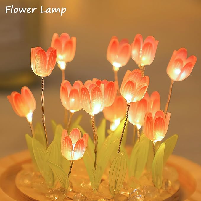 Tulips Lamp Gifts for Women, Tulips Artificial Flowers Night Light, Light Up Pink Tulip in Glass Dome for Bedroom, Unique Birthday Gifts for Women, Mom, Sister, Friends, Cute Home Decor