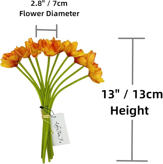 10 PCS High Quaulity Fresh Artificial Mini Real Touch PU/Latex Corn Poppies Decorative Silk Fake Artificial Poppy Flowers for Wedding Holiday Bridal Bouquet Home Party Decor (Orange)