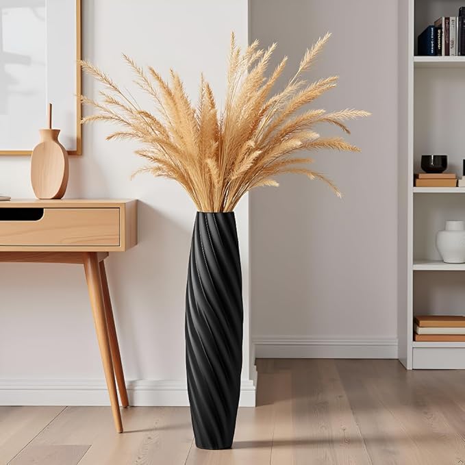 Tall Floor Vase, 23.6 inches Tall Vases Sturdy, Luxury, Textured for Decorative Branches Dried Flowers, Floor Vase for Rustic, Living Room, Shelf Decor (Black)
