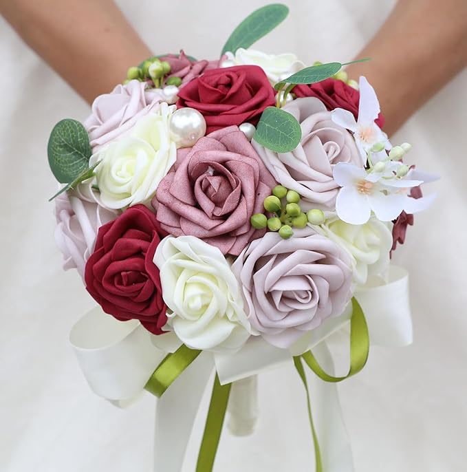 Lightweight Bridal Wedding Bouquet Round Holding Bouquet Throw Toss Artificial Rose Flower Bunch for Bride Bridesmaid Wedding Quinceanera (Cream, Smoky Rose, Light Taro & Burgundy, 9.1")