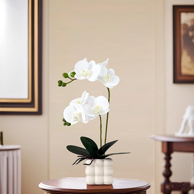 Artificial White Orchid Flower Plant, 14 inches Tall, Home Decor Orchid Artificial Flowers (White-1)