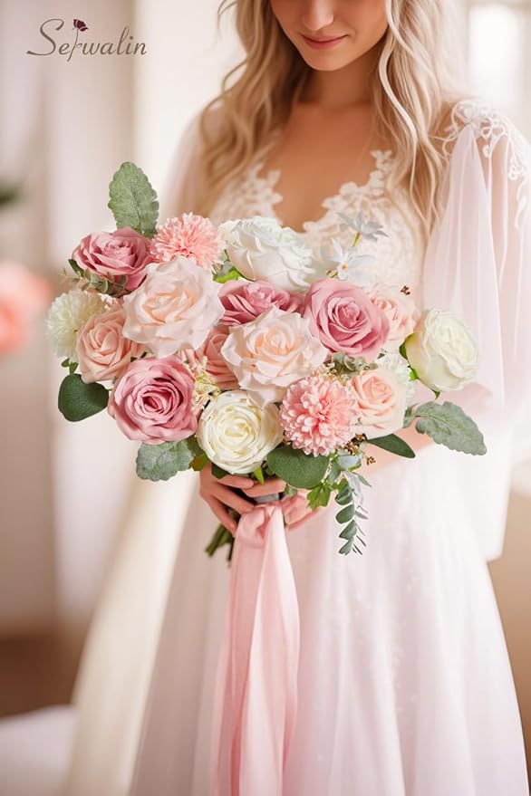 Serwalin Artificial Flowers Fake Silk Flowers for DIY Wedding Bouquets Cake Decoration Mixed Roses Combo Blush Pink and White Flower Centerpieces Arrangements for Party Table Chair Decor