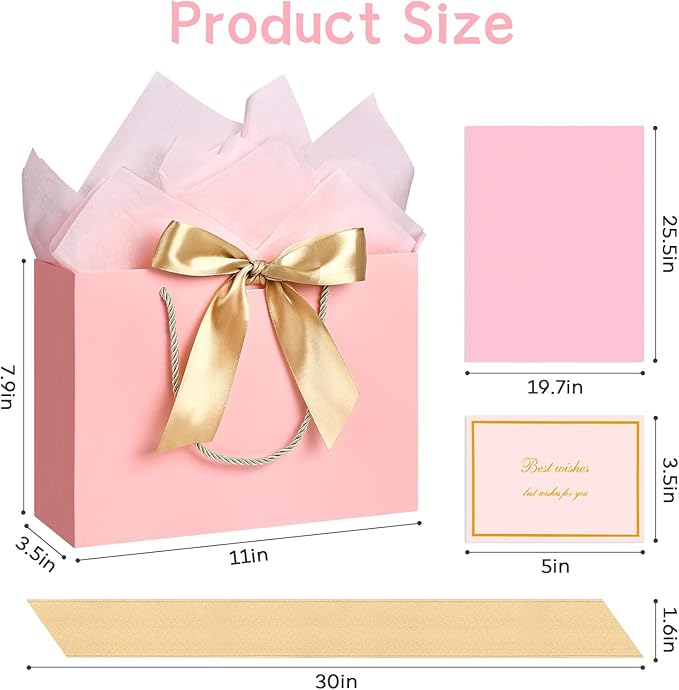JMANNI Medium Size Gift Bags - 2Pcs Paper Gift Bag with Handles, 4 Tissue Paper & 2 Greeting Cards for Women, Girls, Bridesmaid, Birthday, Valentines, Wedding, Party (Pink)