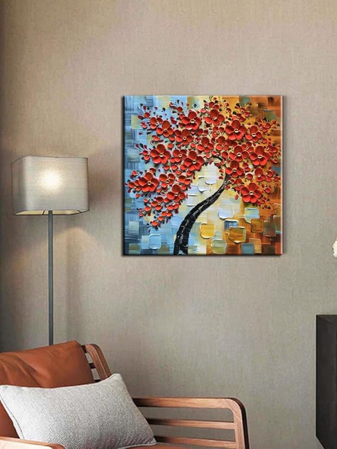 YaSheng Art -Modern Abstract Painting 3D Red Flowers Oil Painting On Canvas Tree Paintings Home Interior Decor Wall Art for living room Bedroom Ready to hang 24x24inch