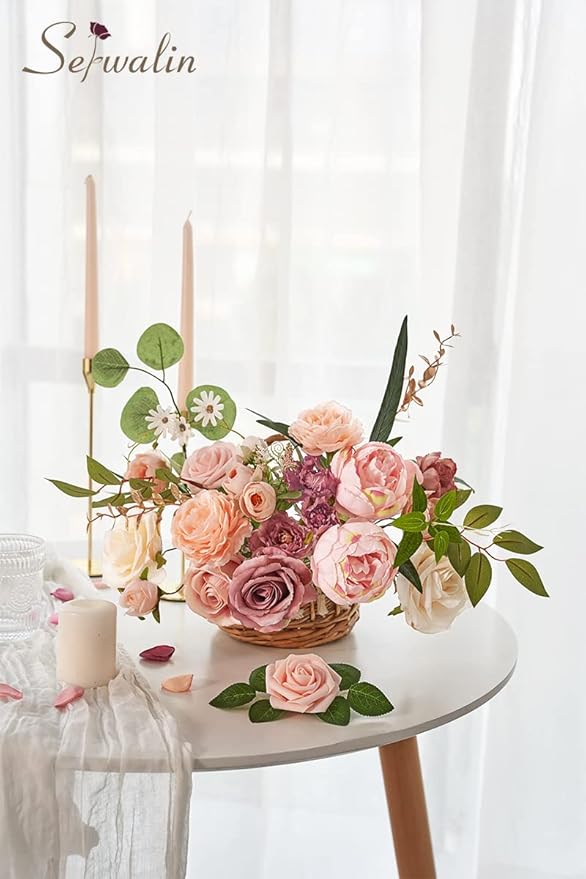 Serwalin Artificial Flowers Pink Wedding Cake Flowers, Fake Dusty Roses Peonies for Bouquets Table Centerpieces Wedding Home Decor, Baby Shower Party Flowers with Stems DIY Combo