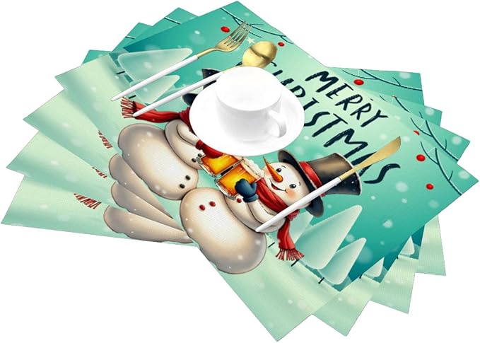 PVC Placemats Set of 6 Wipeable Table Mats Washable Heat Resistant Non Slip Vinyl Dining Table Mat for Kitchen Indoor Outdoor Patio Farmhouse Place Mats Christmas Snowman Beer Decorative