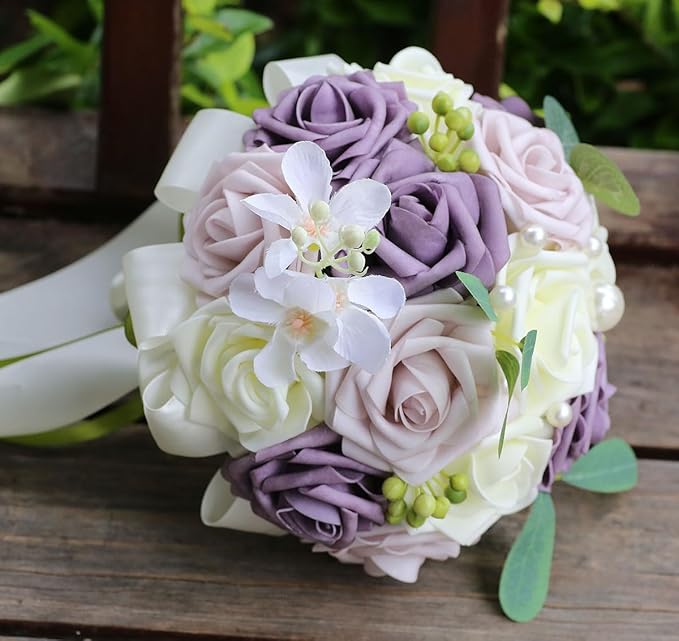 Lightweight Bridal Wedding Bouquet Round Holding Bouquet Throw Toss Artificial Rose Flower Bunch for Bride Bridesmaid Wedding Quinceanera (Cream, Deep Taro & Light Taro, 6.7")