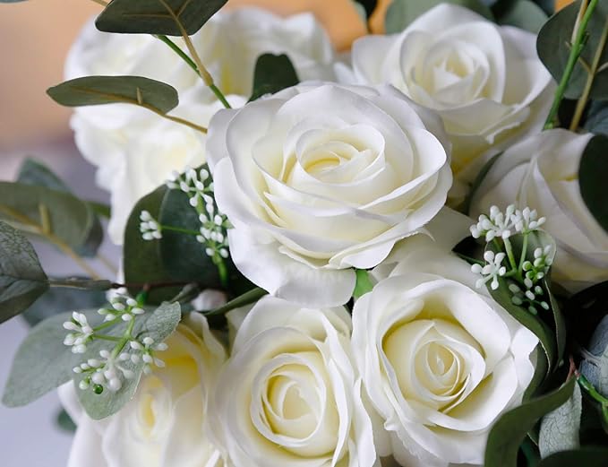 DuHouse 10pcs Fake Roses Artificial Silk Flowers Faux Rose Flower Long Stems Bouquet for Arrangement Wedding Centerpiece Party Home Kitchen Decor(Ivory-White Long Stem)
