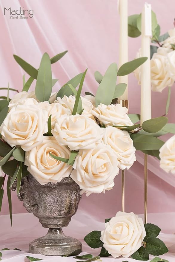 MACTING 60PCS Artificial Rose Flowers Real Touch Fake Flowers with Stem Foam Roses for DIY Weedding Bouquet Table Centerpieces Party Baby Shower Home Spring Mothers Day Decorations(Cream)