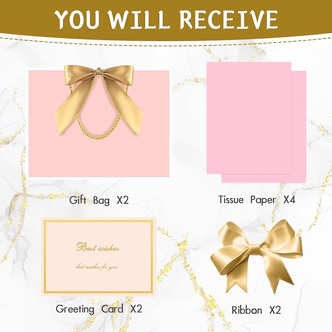 JMANNI Gift Bag, Medium Gift Bags with Tissue Paper, 2Pcs Gift Bags Medium Size with Handle and Bow Ribbon for Any Birthday,Weddings, Mothers Day & Special Occasion 11''x7.87''x4''(Pink-White)