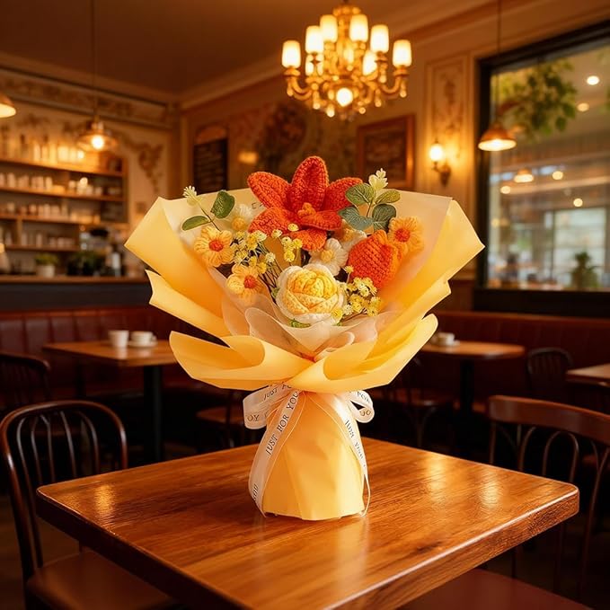 Crochet Flowers Knitted Flower Bouquet Handmade Knitted Rose Tulip Galsang for Birthday Wedding Anniversary Graduation Gift