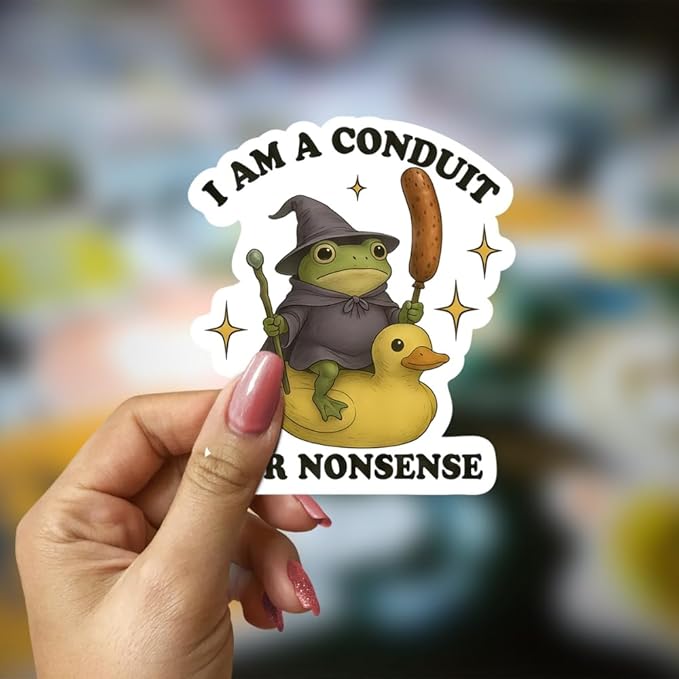 HANDICHI Design 5-Pack 4 Inch Funny Frog Stickers – “I Am a Conduit for Nonsense” Wizard Frog Vinyl Decals – Quirky Meme Sticker Pack for Laptops, Water Bottles, Journals and Scrapbooks