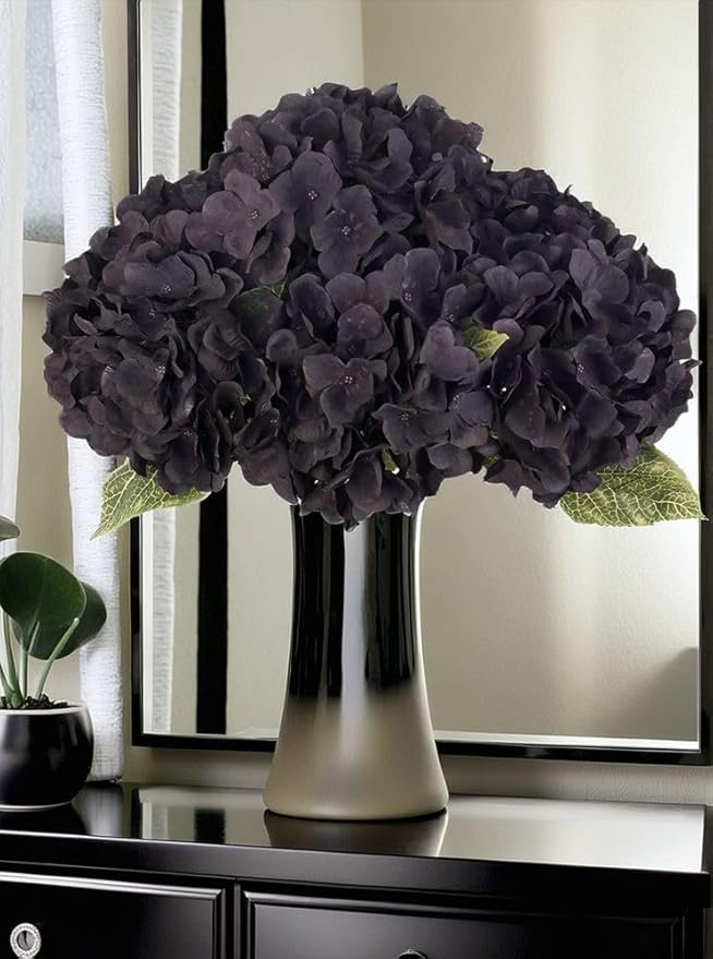 2Bouquets Artificial Fake Flowers Plants Silk Hydrangea Arrangements Wedding Bouquets Decorations Plastic Floral Home Kitchen Garden Party Festival Bar DIY (Black)