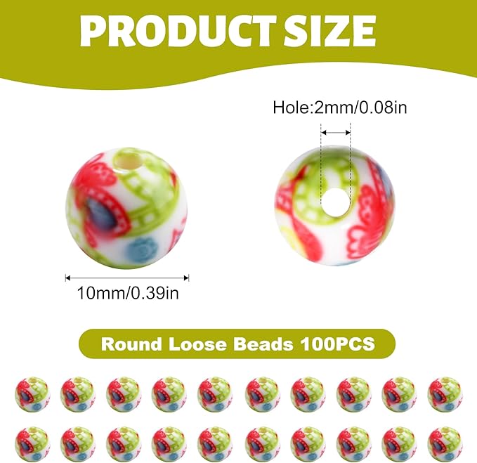 100 PCS 10mm Resin Beads Bulk for Bracelet Making Kit, Abstract Style Round Loose Beads for Jewelry Earring Necklace Rings Art Craft DIY Projects