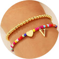 Ritach Christmas Gifts for Teens Girls Kids - 2PCS Colorful Heart Initial Bracelet Stackable Real Gold Plated Stretchable Beaded Bracelets for Teen Girls Kids Birthday Gifts Stocking Stuffers