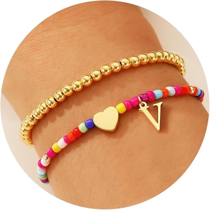 Ritach Christmas Gifts for Teens Girls Kids - 2PCS Colorful Heart Initial Bracelet Stackable Real Gold Plated Stretchable Beaded Bracelets for Teen Girls Kids Birthday Gifts Stocking Stuffers