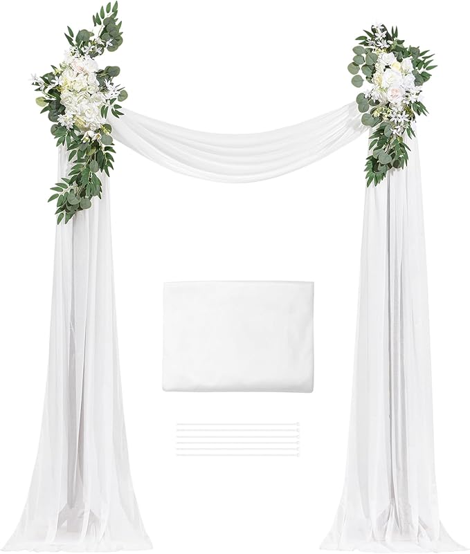 VEVOR Artificial Wedding Arch Flowers Kit, White Wedding Arch Flowers with Drapes Kit (Pack of 3) - 2 Pcs Floral Arrangement, 1 Pcs Sheer Drapes, for Ceremony Bouquets Reception Backdrop Decoration