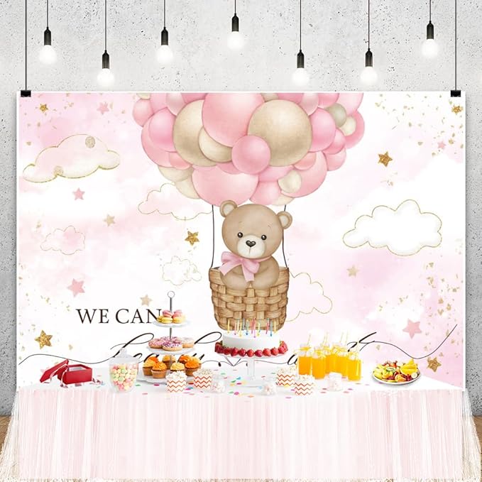 ChloropLastid We Can Bearly Wait Baby Backdrop Girl Bear Hot Air Balloon Baby Shower Photography Background Pink Balloons Clouds Stars Baby Party Cake Photo Decoration 10x8ft