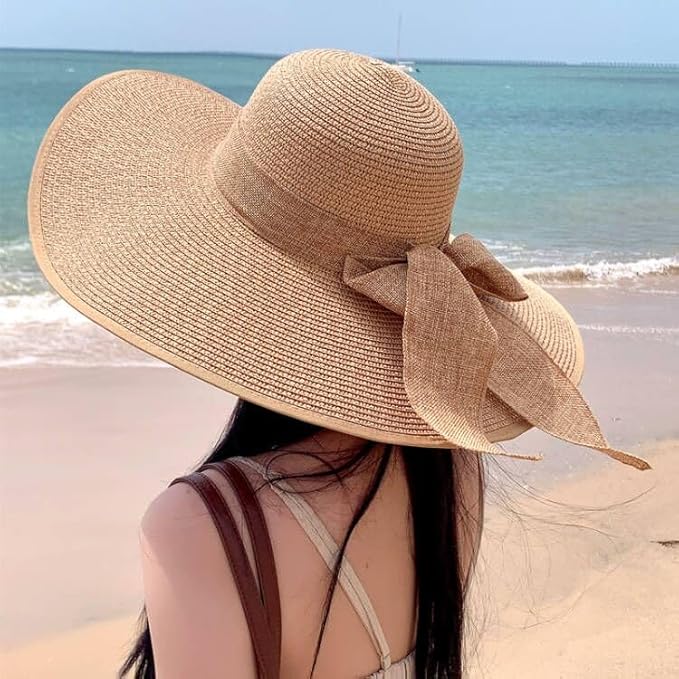 DRESHOW Beach Hats for Women Big Straw Wide Brim Summer Hat Floppy Foldable Roll up Cap Sun Hat UPF 50+