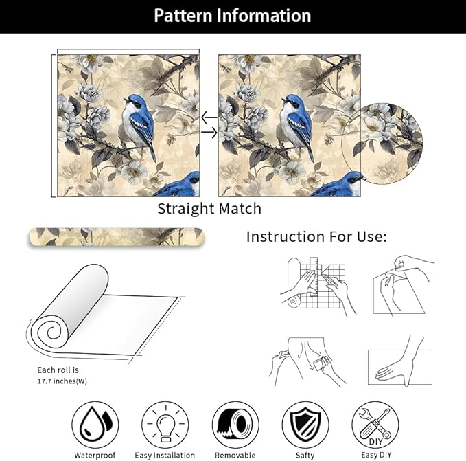 Vintage White Cherry Flowers Blue Birds Peel and Stick Wallpaper Easy Peel Off Contact Paper Stick on Adhesive Wall Paper for Bathroom Waterproof Renter Friendly