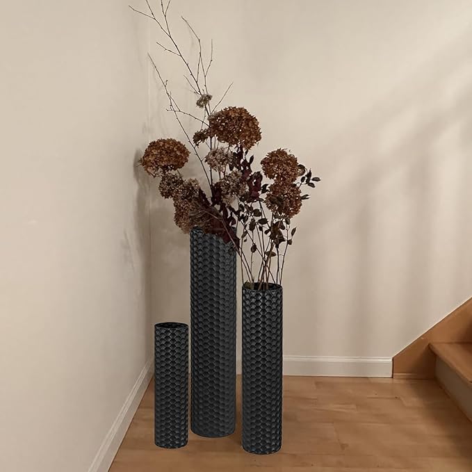 Black Tall Floor Vase - Set of 3 Extra Large Metal Decorative Vases for Living Room, 27.6" Long Modern Honeycomb Texture Big Cylinder Standing Corner Decor for Home Dining Bedroom Pampas Grass