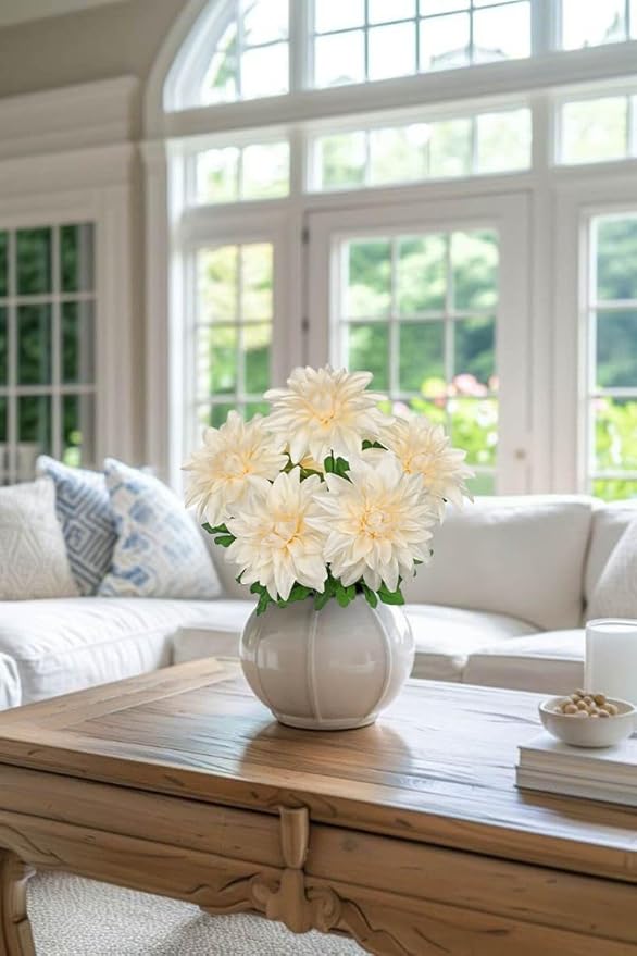 Hollyone 2Pcs White Artificial Dahlia Flowers Bush 7 Heads Silk Fake Dahlias Flowers with Stems Wedding Bouquets Faux Dahlia Flower Floral Arrangements for Outdoor Indoor Table Centerpieces Home Decor