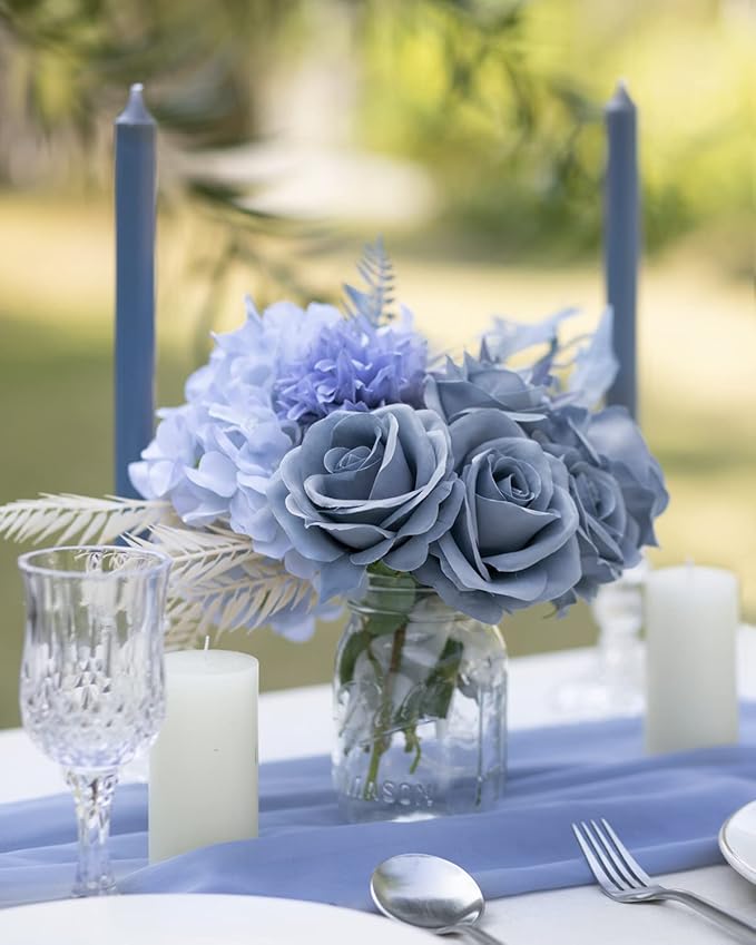LFF 10pcs Silk Roses Artificial Flowers Fake Long Stem Roses for DIY Wedding Bouquet Home Decoration (Dusty Blue)