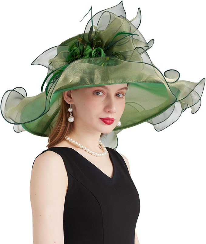 Organza Derby Hats for Women Wide Brim Fascinator Hat Rose Flower Wedding Tea Party Hat