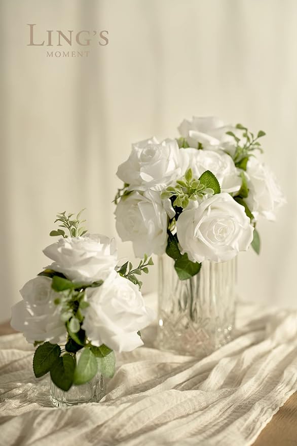 Ling's moment Artificial Silk Flowers, 16pcs Faux Pure White Roses with Stems, 3.5" Fake Ivory Flowers Bulk for DIY Wedding Bouquets Centerpieces Party Baby Shower Home Decoration