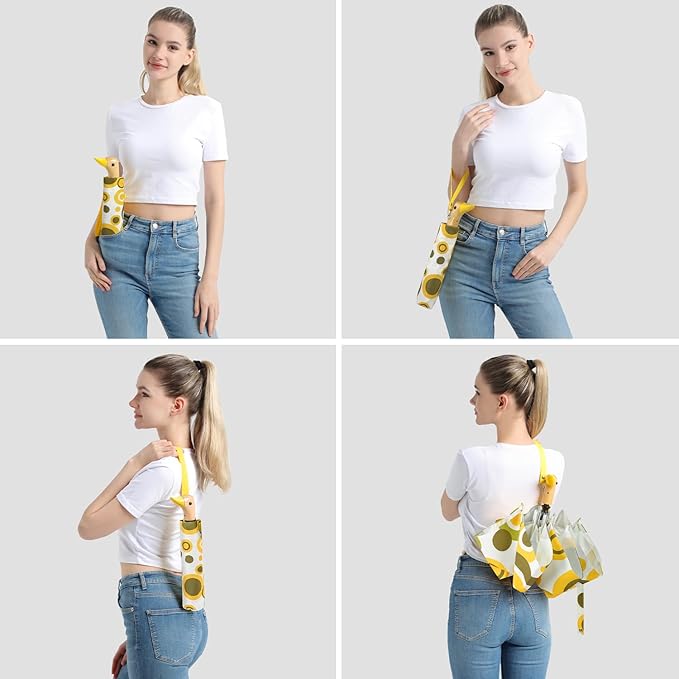 Cute Duck Umbrella Automatic - Compact Pretty Pocket Size Strong Duck Collapsible Umbrella Yellow Wooden Handle for Women