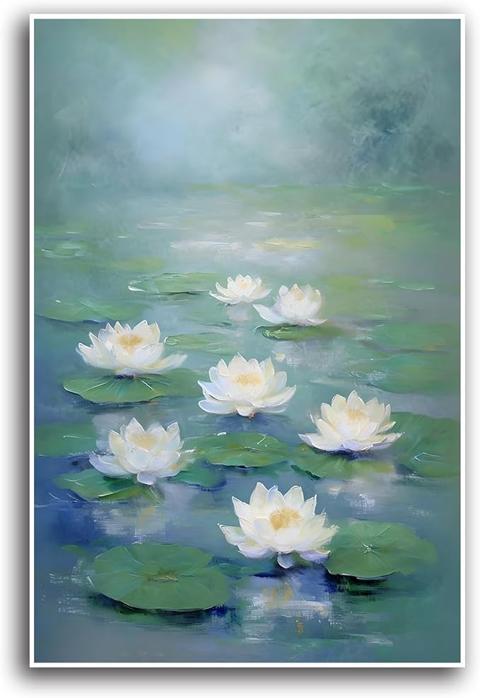 Zen wall art Delicate white lotus flower floating on calm water Vintage oil painting print Serene aquatic wall art creates a tranquil home decor 16x24in Frameless