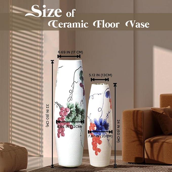 Tall White Floor Vase 32 inches, Thick Ceramic Rustic Vases Large for Home Decor Living Room, Painting Geen Grape Decorative Vases Wide Mouth Opening Corner Vase for Pampas Grass