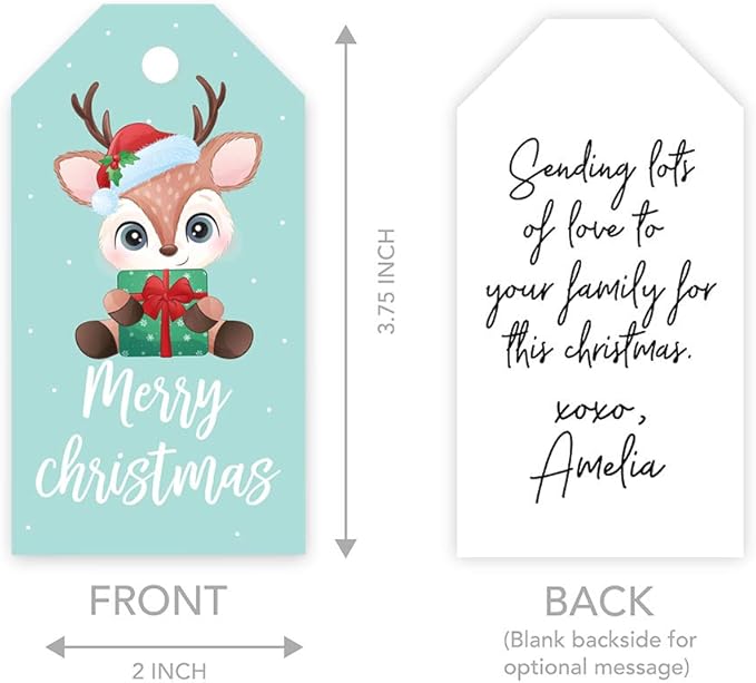 Andaz Press Christmas Holiday Season Classic Gift Tags, Merry Christmas to from Classic Favor Tags, Baby Reindeer with Santa Hat Design, for Holiday Events, Parties, and Favors, 60-Pack