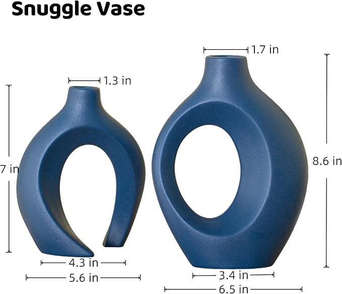 Snuggle Hollow Ceramic Vase Set of 2, 8.4 Inch Hug Donut Modern Nordic Boho Style Vases for Home Decor Anthropologie Aesthetic Living Room Shelf Coffee Table Decorative (Navy Blue)